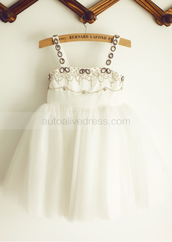 Ivory Beaded Satin Tulle Tutu Princess Flower Girl Dress